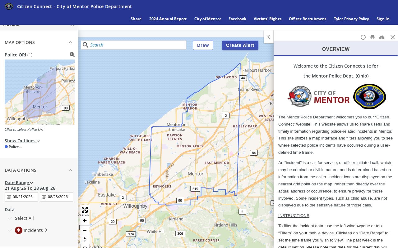 Mentor Police Citizen Connect incident search interface for arrest-record context
